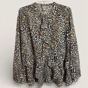 Chico's Blouse Women SZ 1 (M 8/10)  Leopard Flowy Ruffles Black Tan Dressy Work